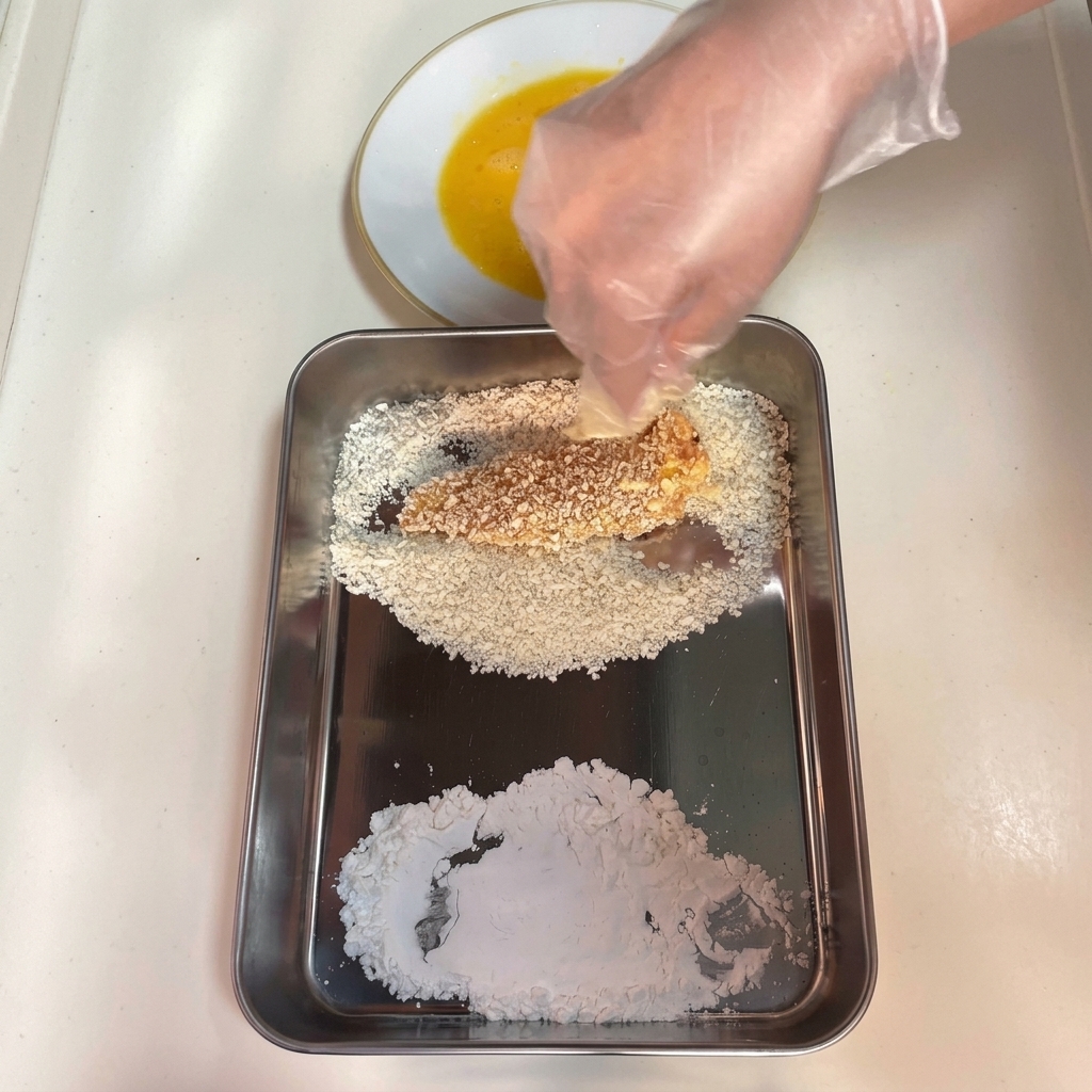 Mano che preme con forza il pollo bagnato duovo in un letto di panko su un vassoio di metallo.
