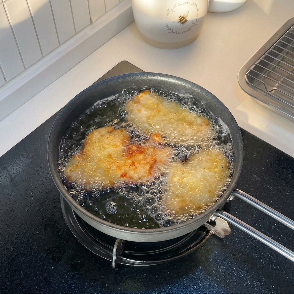 Pollo panato che frigge in olio bollente con i bordi che diventano dorati.