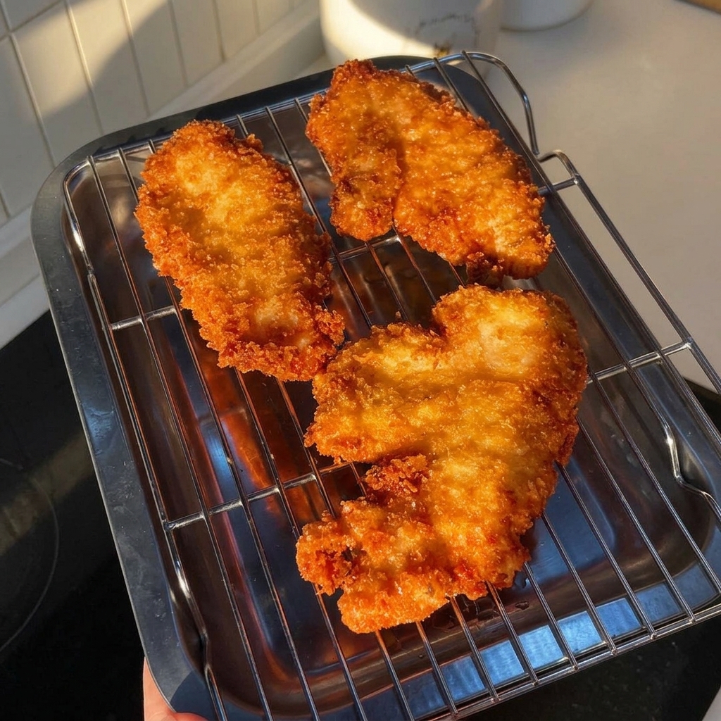 Tre pezzi di pollo fritto dorato che riposano su una griglia di raffreddamento in acciaio.
