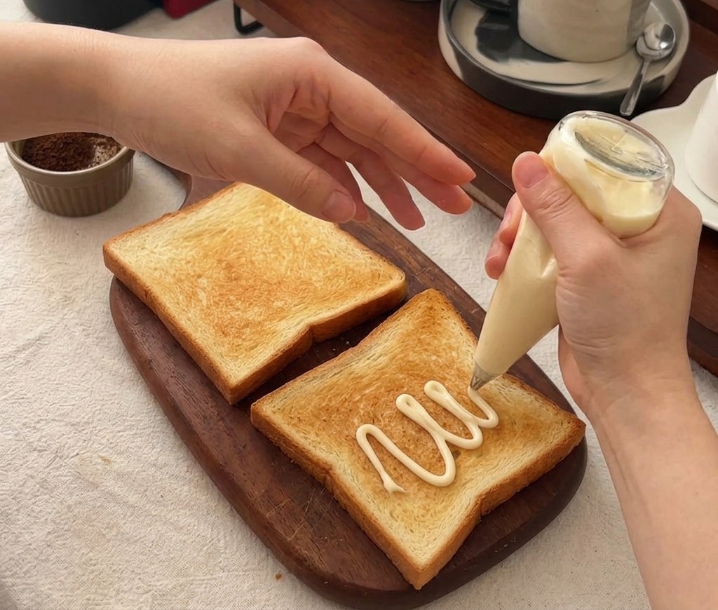 Una persona che mette maionese light su una fetta di pane tostato.