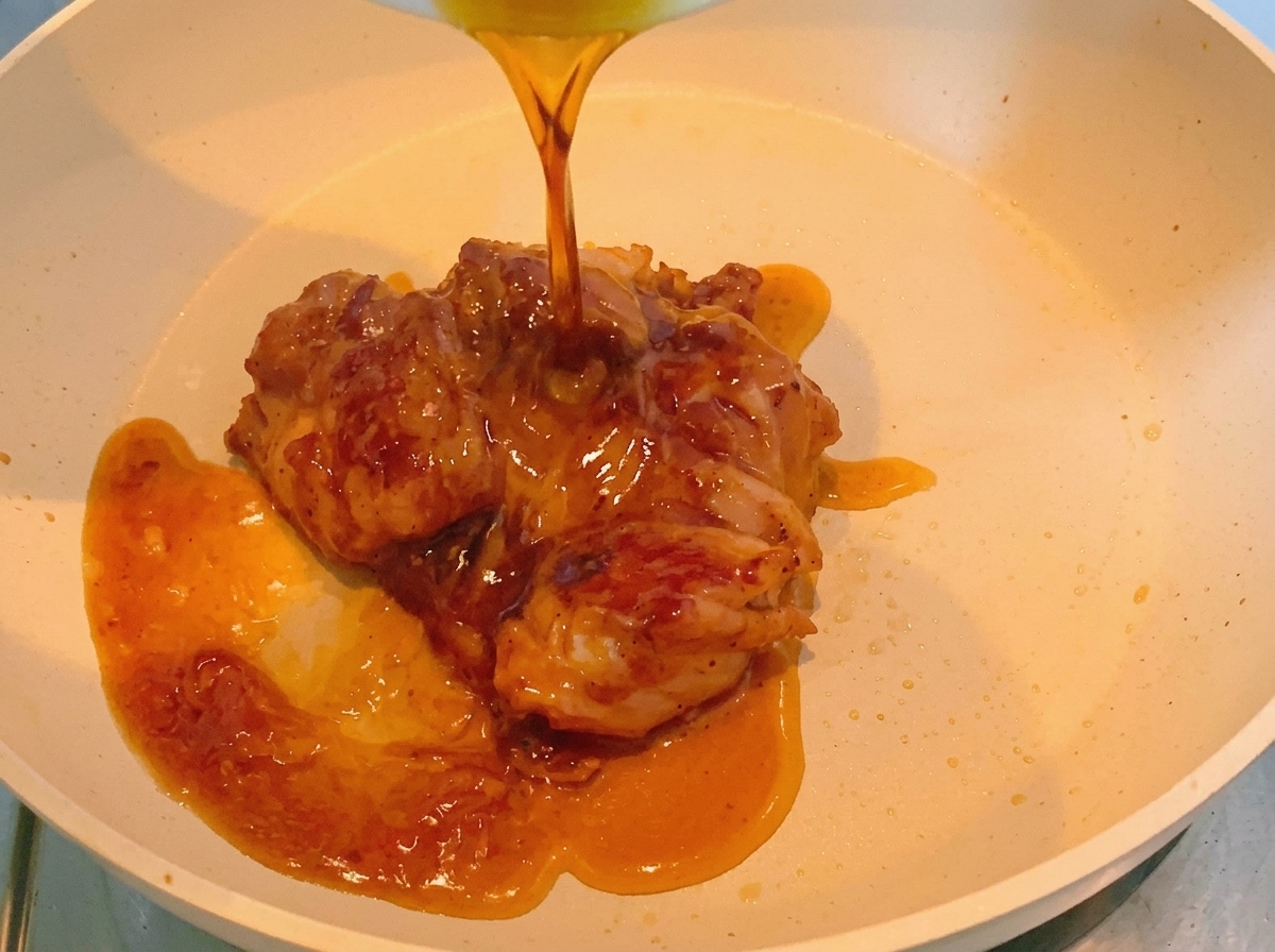 Glassa scura e saporita versata su una coscia di pollo in padella.