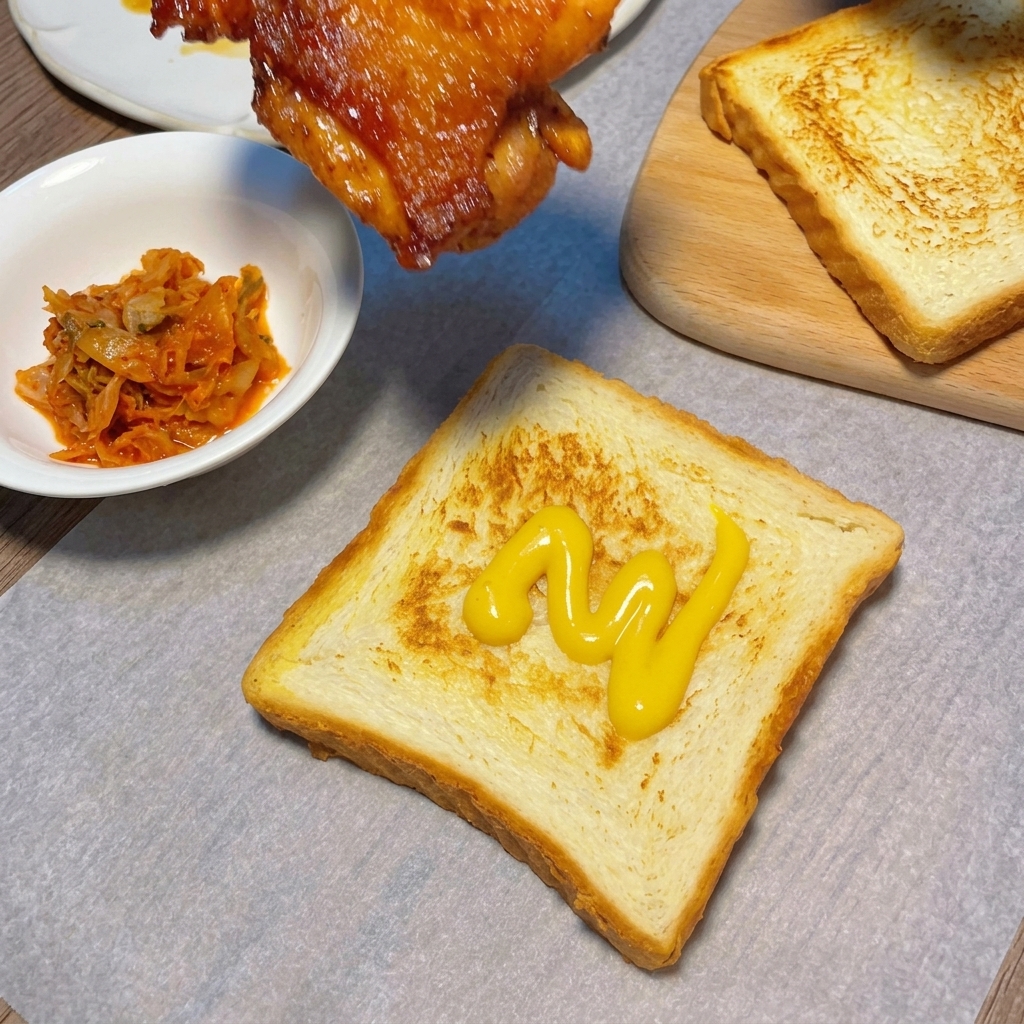 Coscia di pollo con glassa scura posizionata su pane tostato con senape.