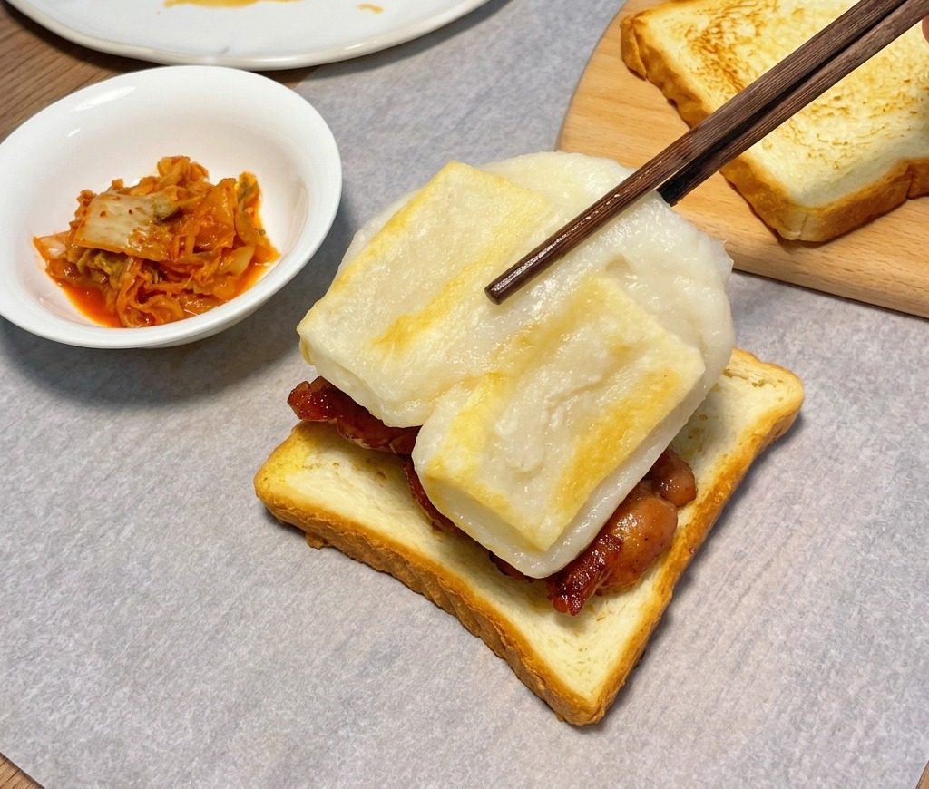 Bacchette che posizionano le torte di riso sopra il pollo glassato sul pane.