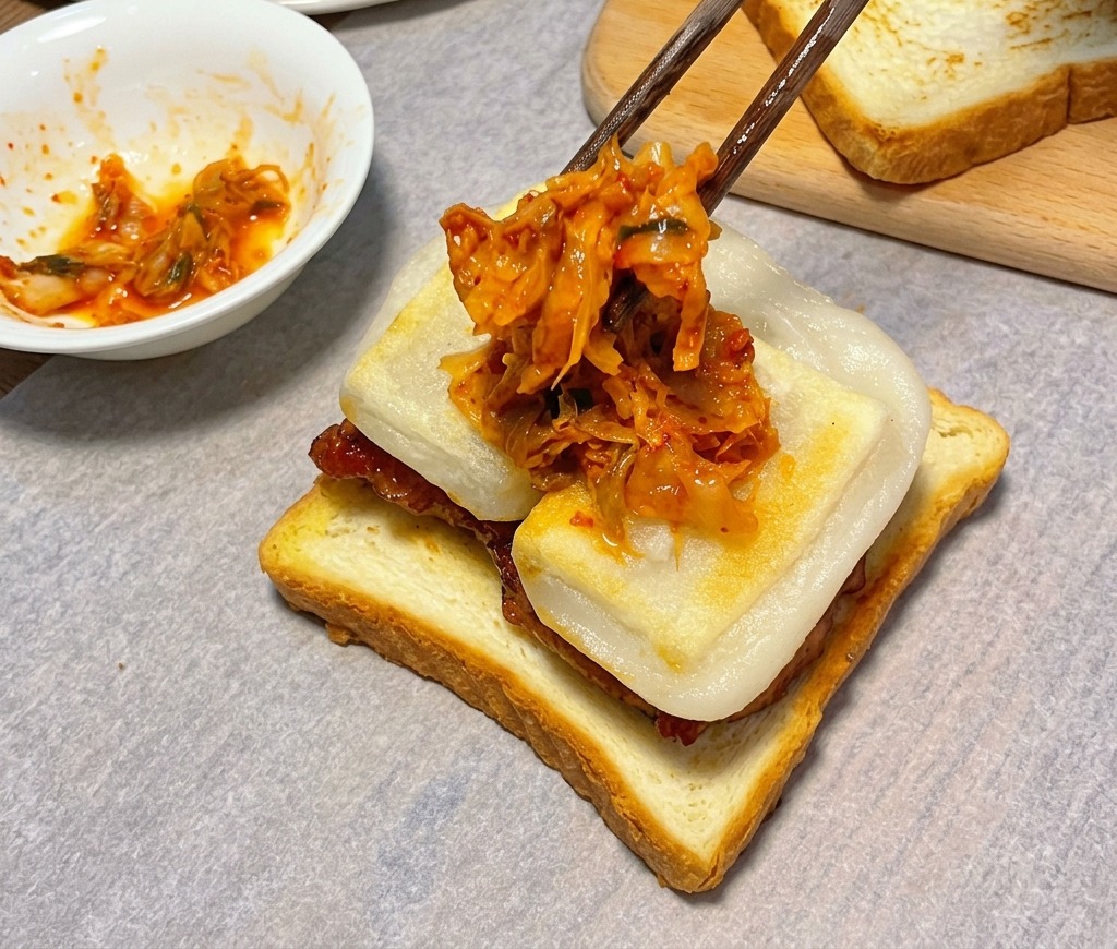 Bacchette che aggiungono kimchi rosso tritato sopra le torte di riso e il pollo.