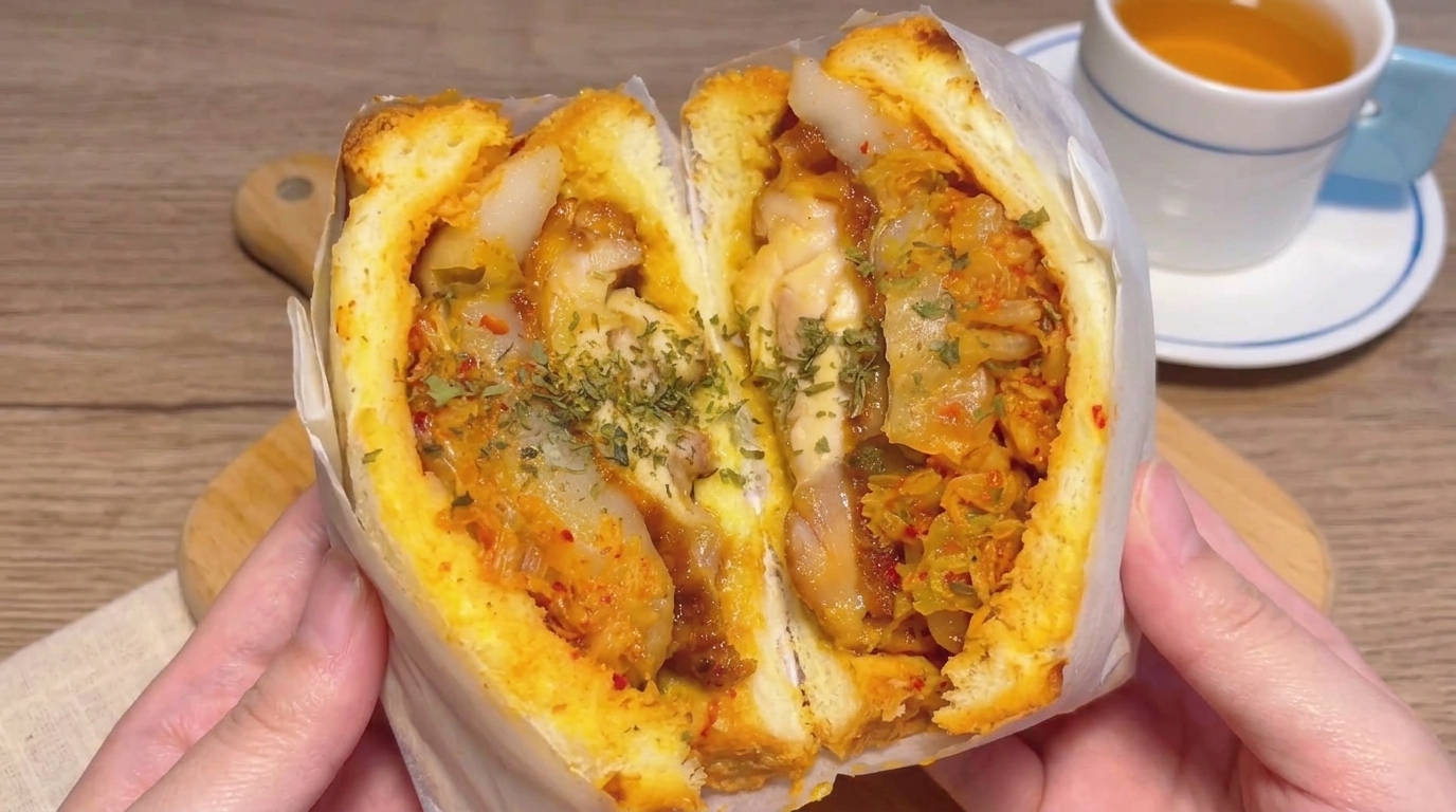 Sandwich Coreano con Pollo Fritto e Garaetteok (Torte di Riso)
