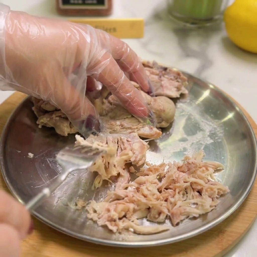 Mani con guanti che usano una forchetta per sfilacciare il petto di pollo in pezzi sottili su un piatto di metallo.