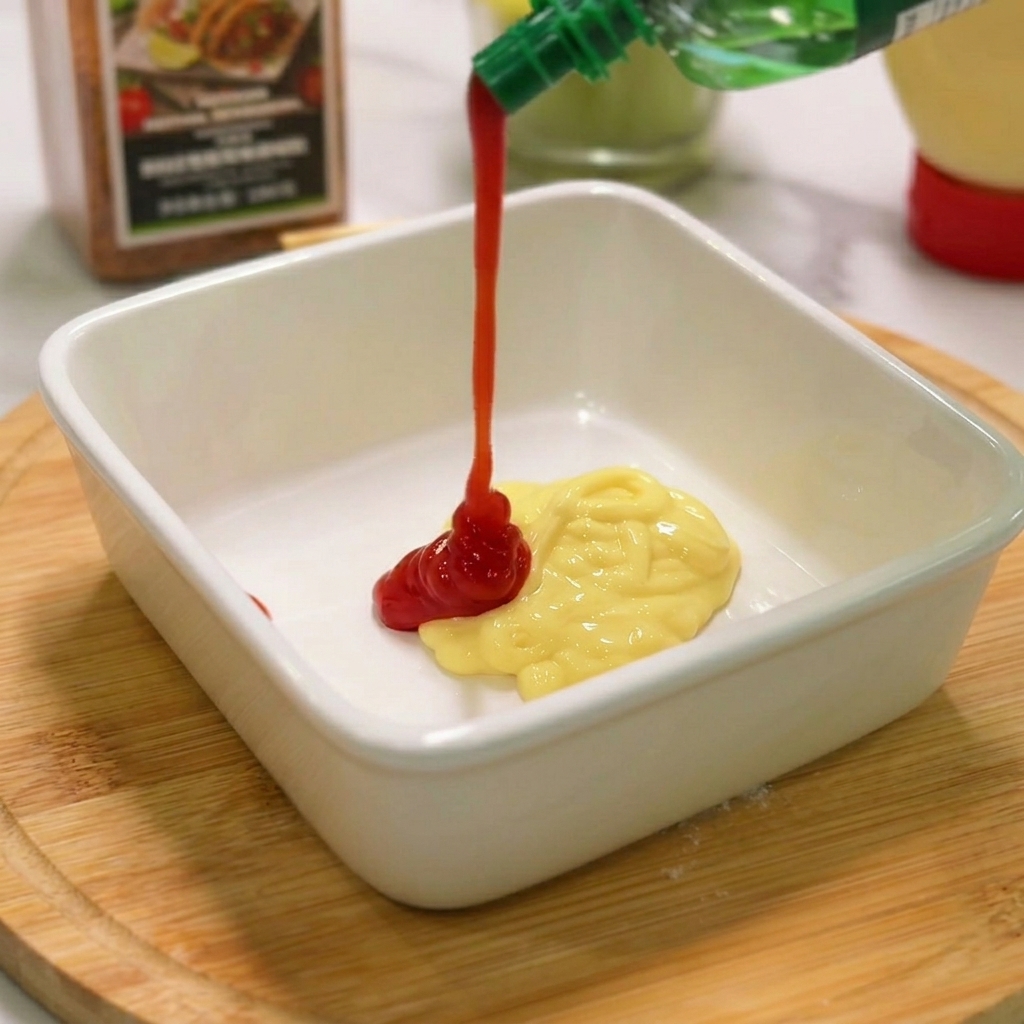 Ketchup versato da una bottiglia verde sopra una cucchiaiata di maionese in una ciotolina bianca.
