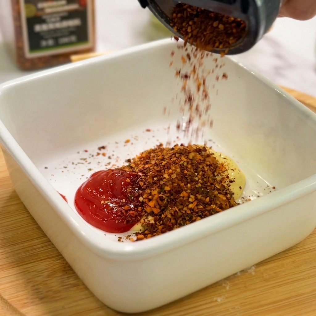 Un mix di spezie messicane rosso scuro che cade da un dosatore nero su maionese e ketchup in una ciotola.