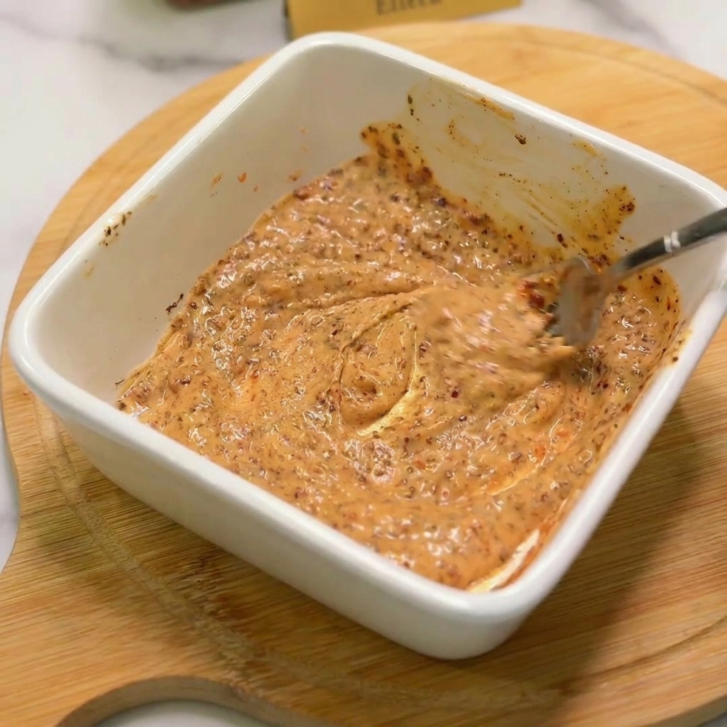 Una forchetta che mescola una salsa arancione densa e punteggiata di spezie in una ciotolina bianca.