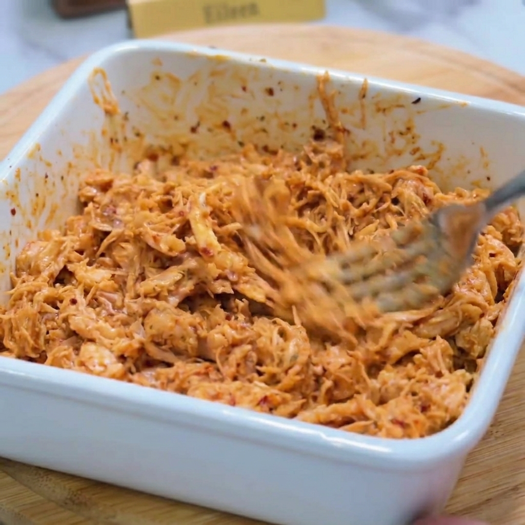 Pollo sfilacciato mescolato a una salsa mayo arancione in una ciotola bianca con una forchetta.