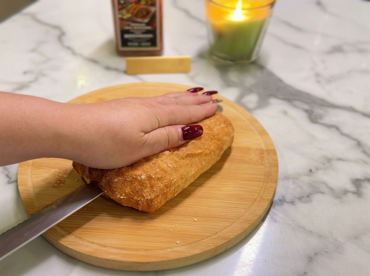 Una mano che tiene ferma una ciabatta mentre viene tagliata a metà orizzontalmente su un tagliere di legno.
