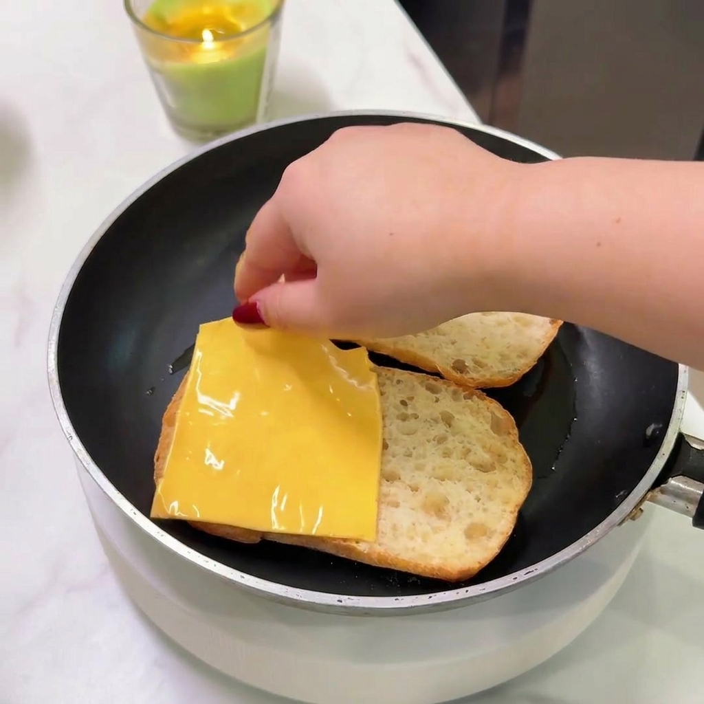 Una mano che adagia una fetta di formaggio giallo sulla ciabatta tostata ancora in padella.