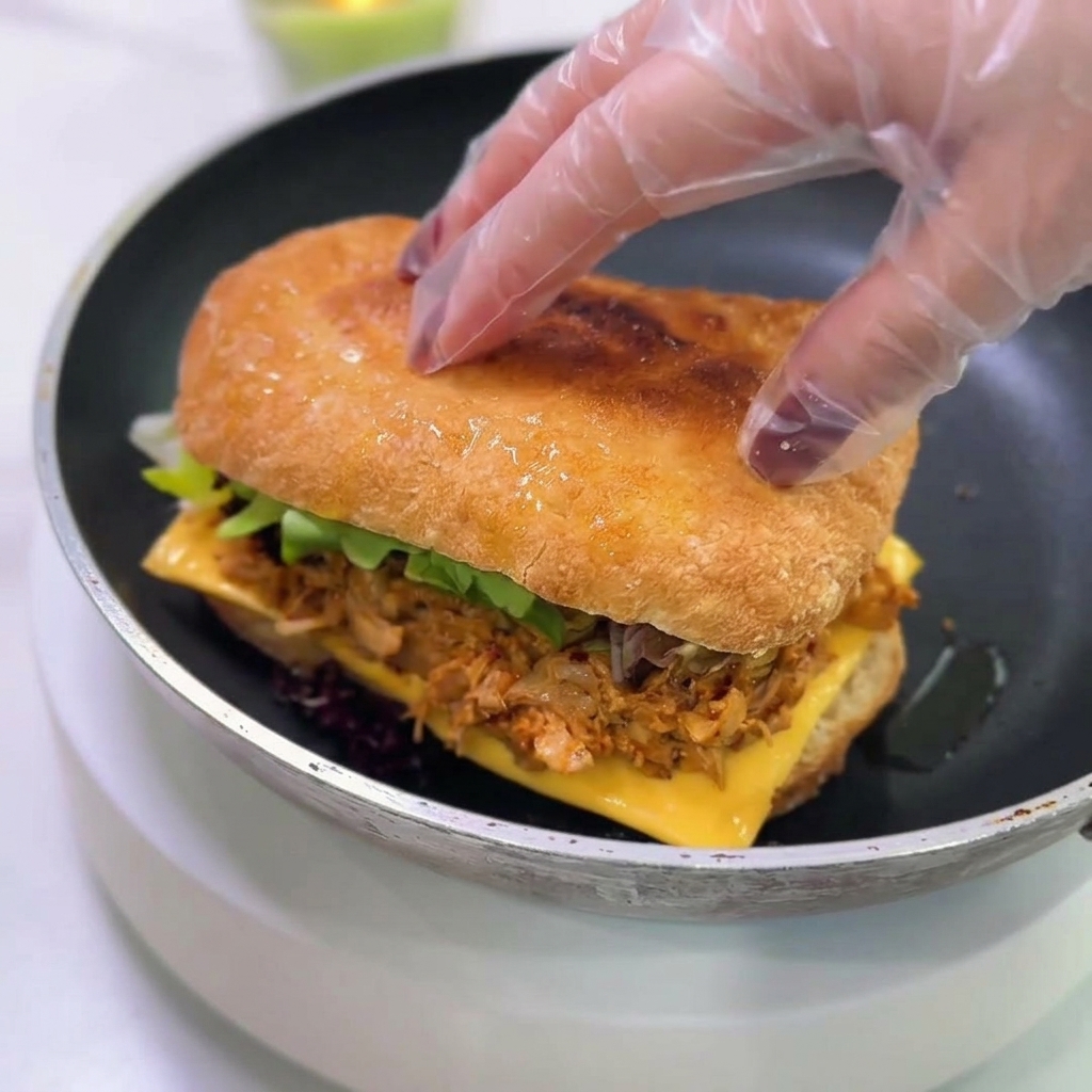 Una mano che chiude il panino con la parte superiore della ciabatta sopra strati di pollo, formaggio e lattuga.