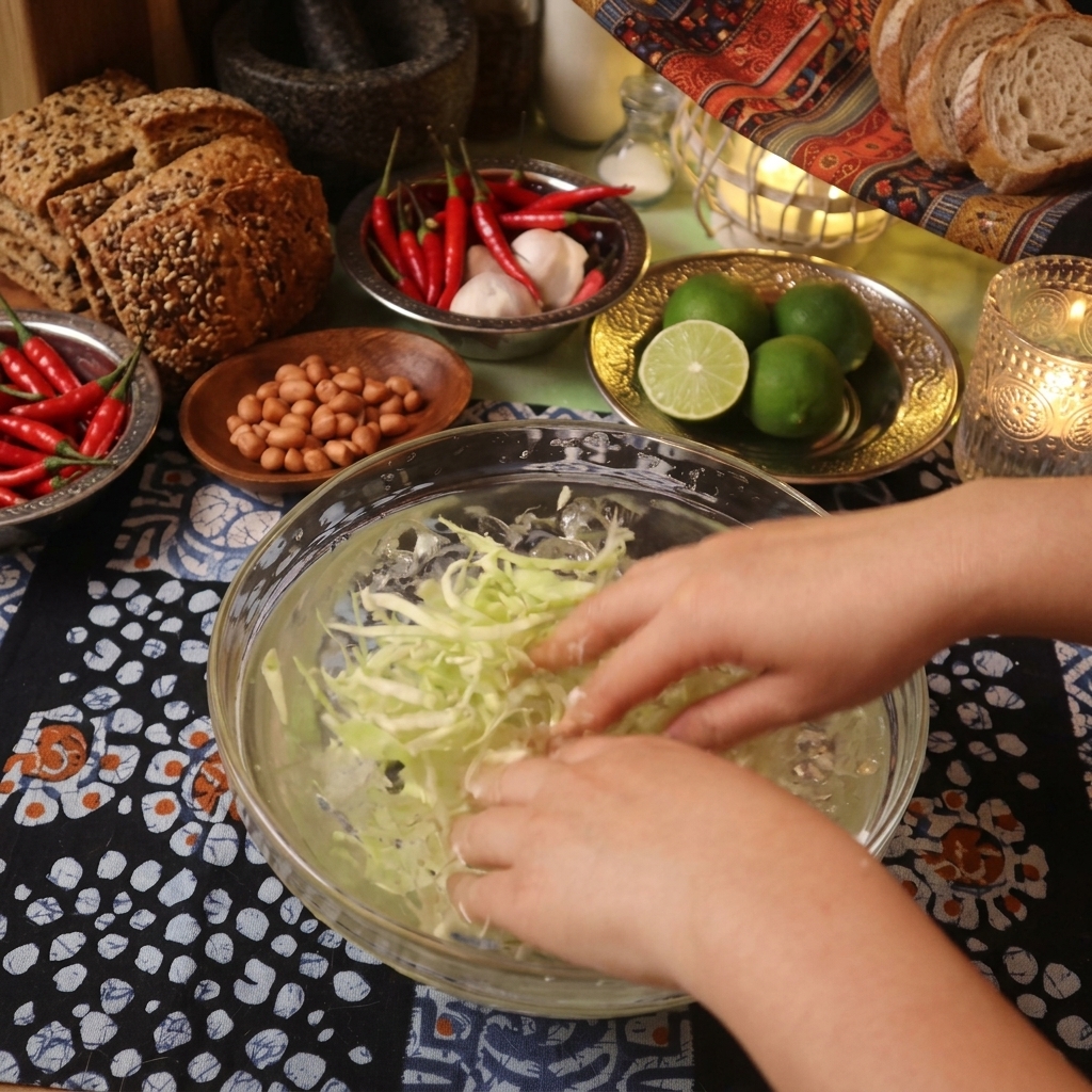Mani che mescolano e immergono il cavolo tagliato in una ciotola di vetro con acqua e ghiaccio.