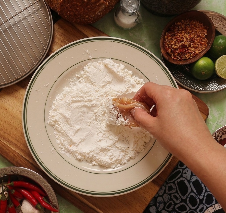 Mano che preme un pezzo di pollo nellamido di mais bianco per garantire una copertura totale.