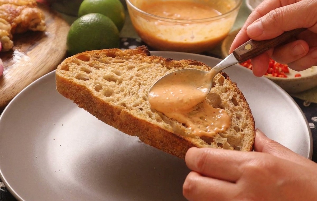 Un cucchiaio che spalma uno strato generoso di salsa arancione su una fetta di pane tostato artigianale.