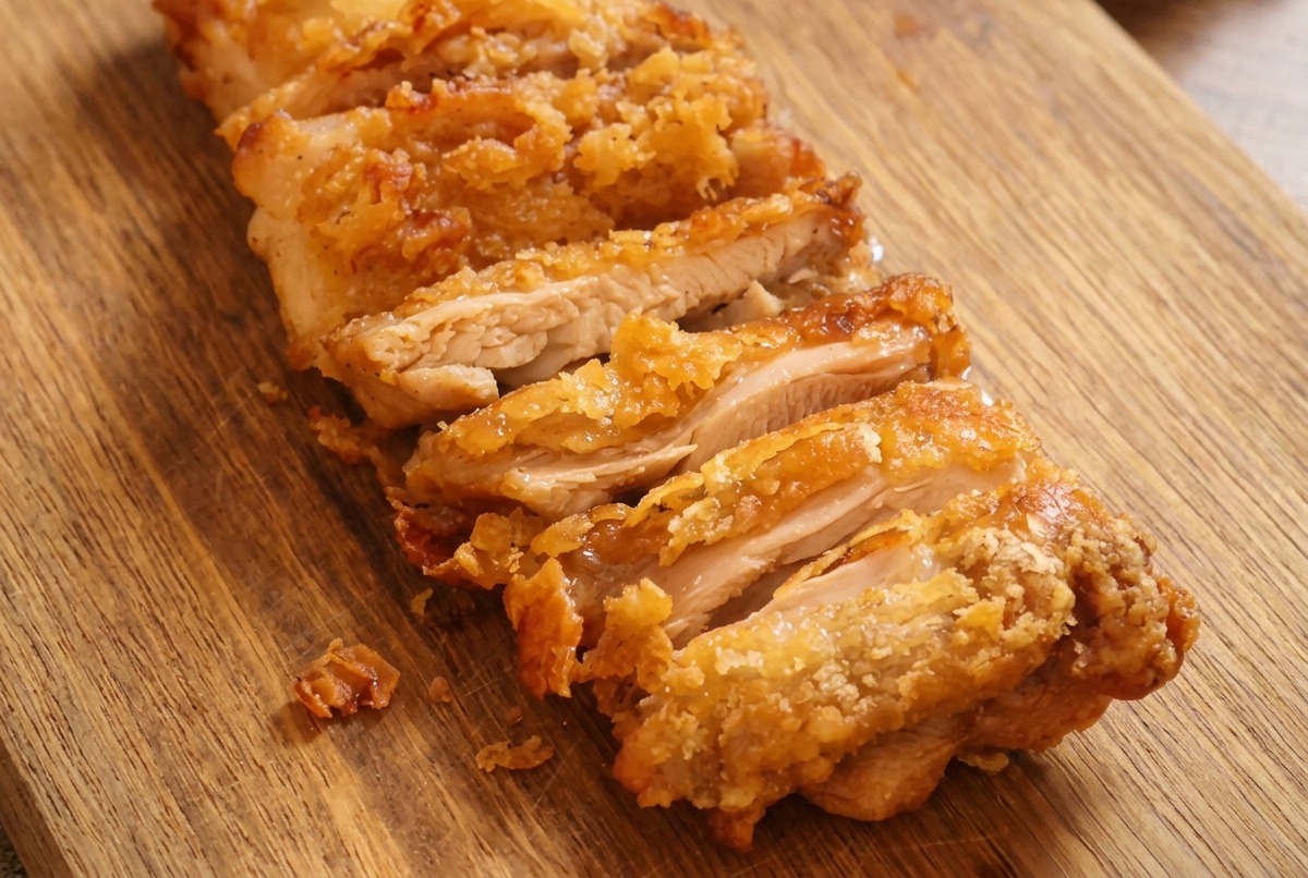 Dettaglio di una sovracoscia di pollo fritta tagliata in strisce spesse e croccanti su un tagliere.