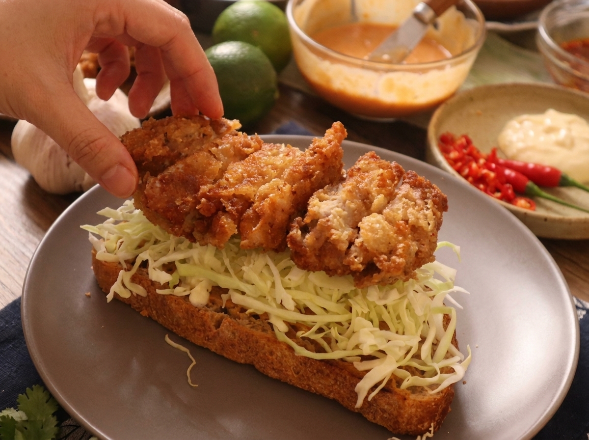 Mano che posiziona le fette di pollo croccante sopra il letto di cavolo sul pane tostato.