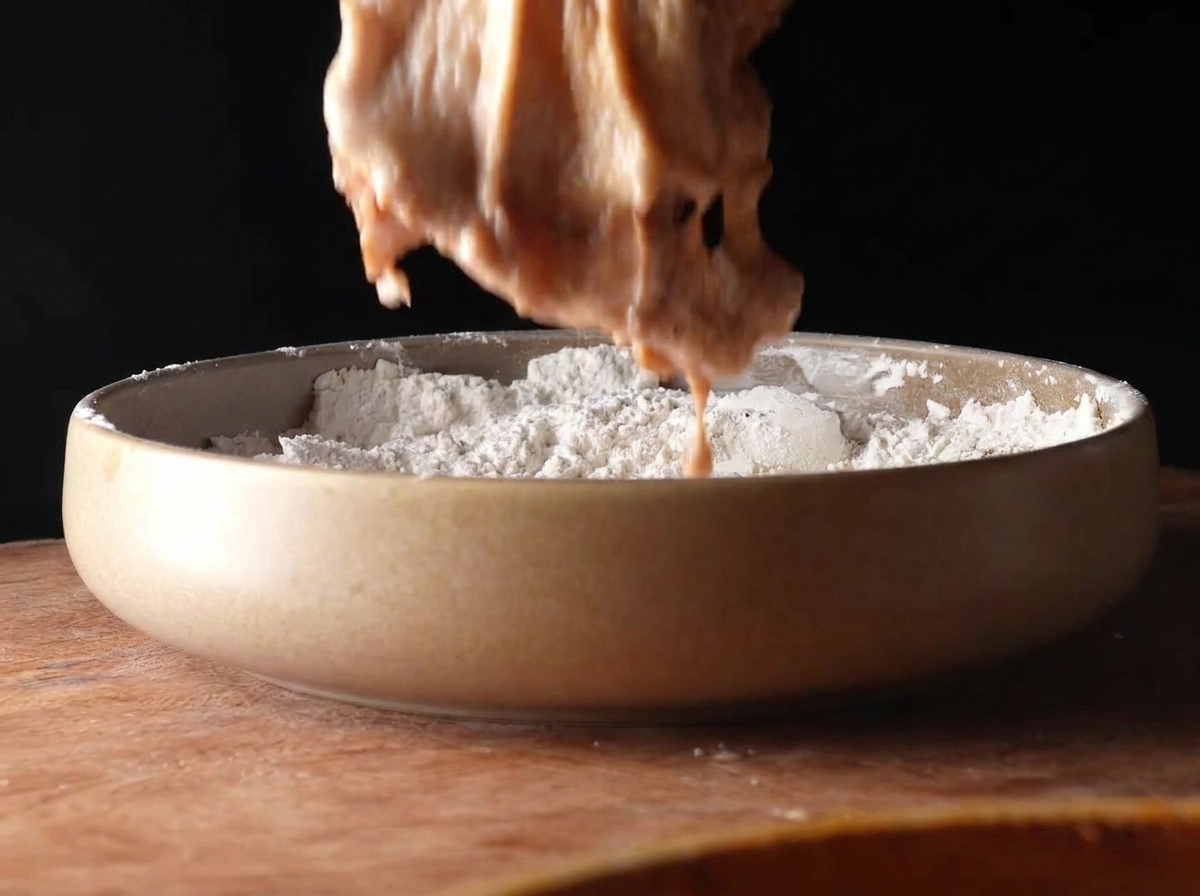 Sollevamento di un pezzo di pollo marinato sopra un piatto di farina condita, pronto per essere impanato.