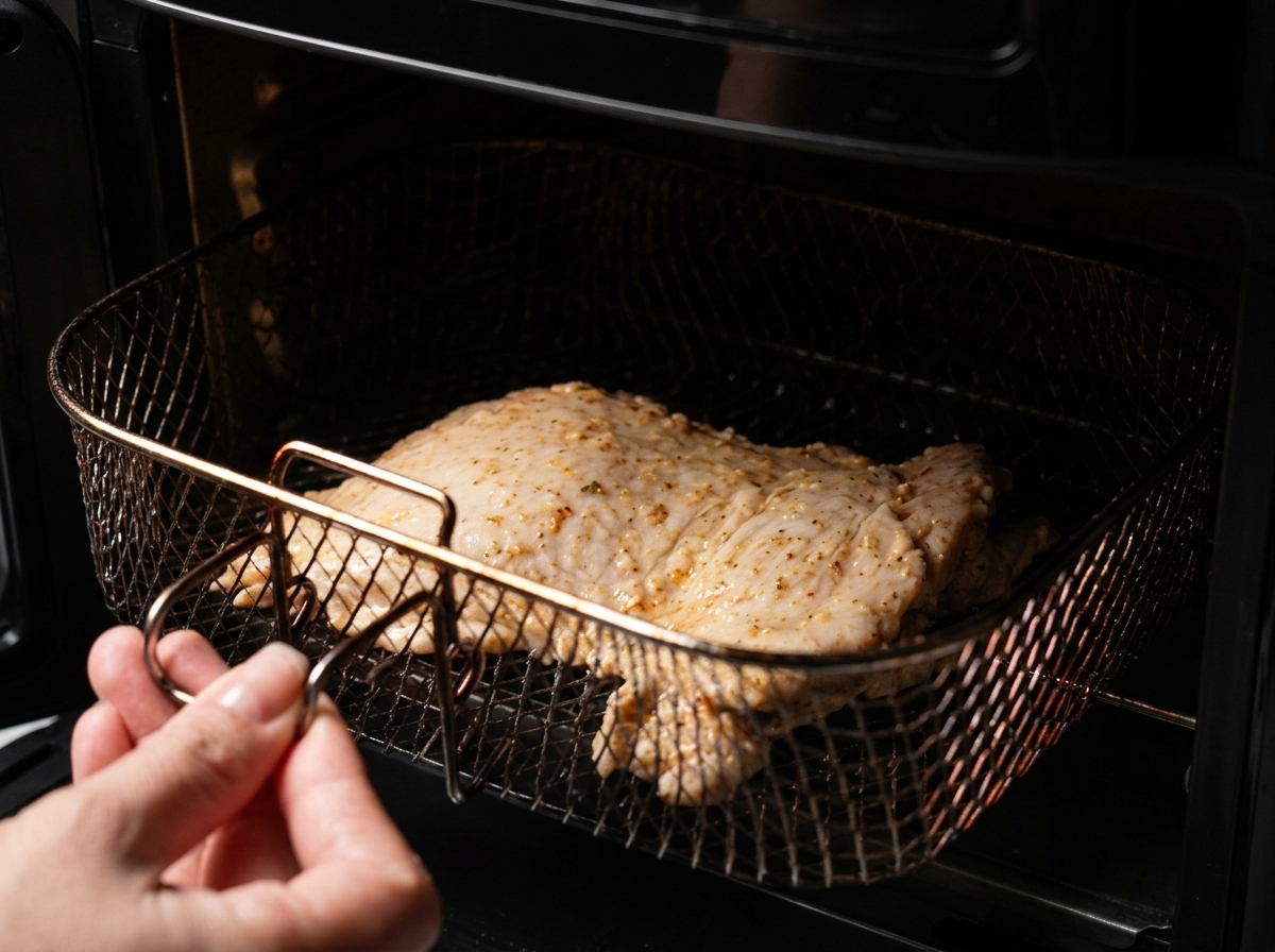 Una sovracoscia di pollo dorata e croccante allinterno del cestello nero della friggitrice ad aria.