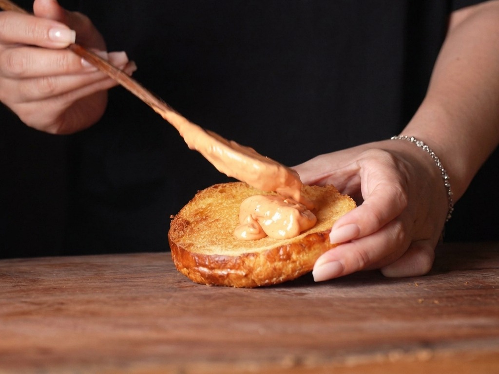 Aggiunta di riso soffiato croccante sopra un burger di pollo durante lassemblaggio.