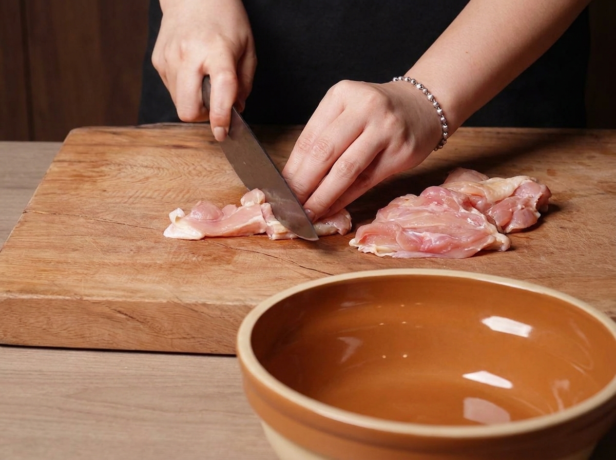 Mani che usano un coltello per tagliare sovracosce di pollo con pelle su un tagliere di legno.