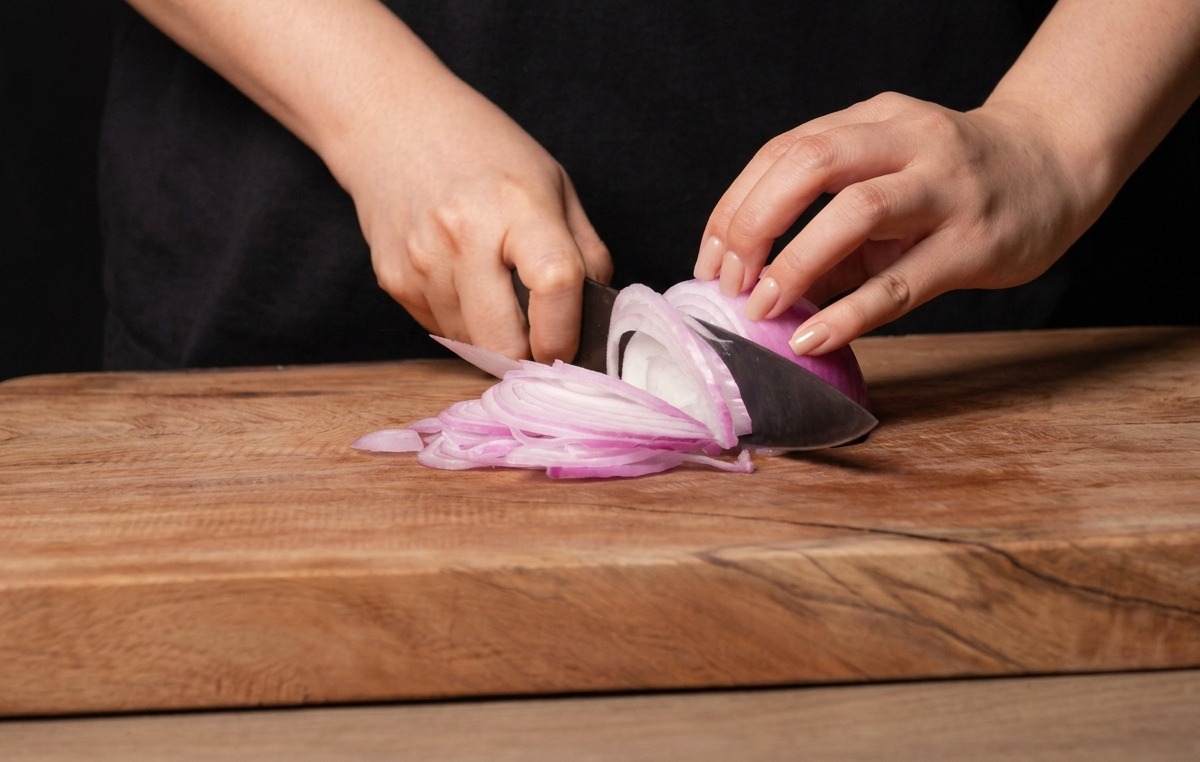 Mani che affettano una cipolla rossa a strisce sottili su un tagliere.