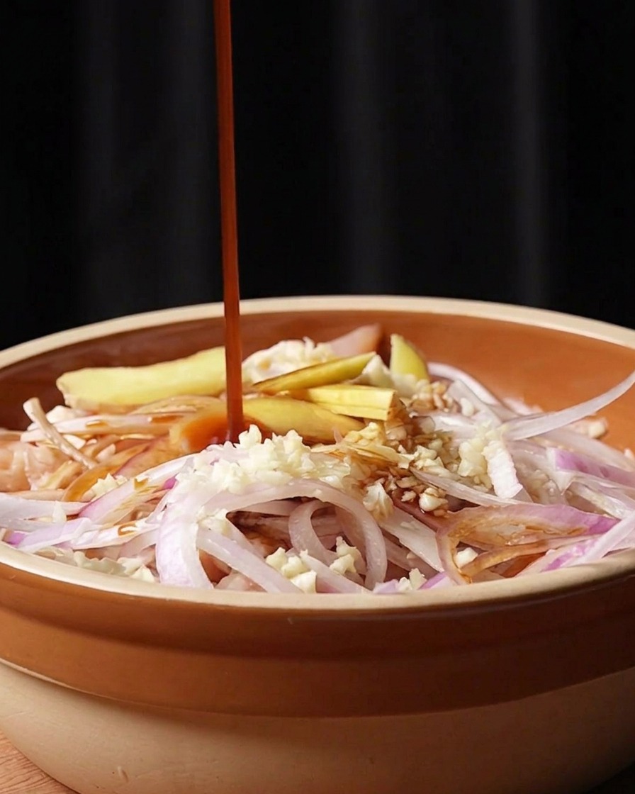 Salsa dostrica densa versata sopra il pollo in marinatura.