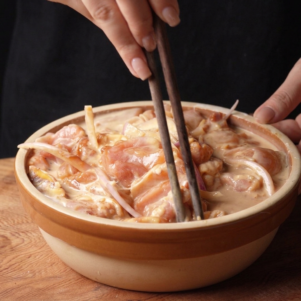Mescolare il pollo con la marinatura al latticello usando delle bacchette di legno.