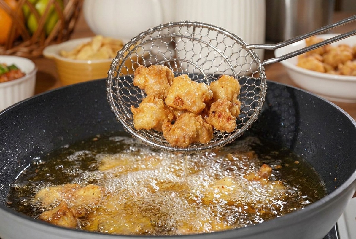 Pollo fritto dorato sollevato dallolio bollente con una schiumarola a rete.