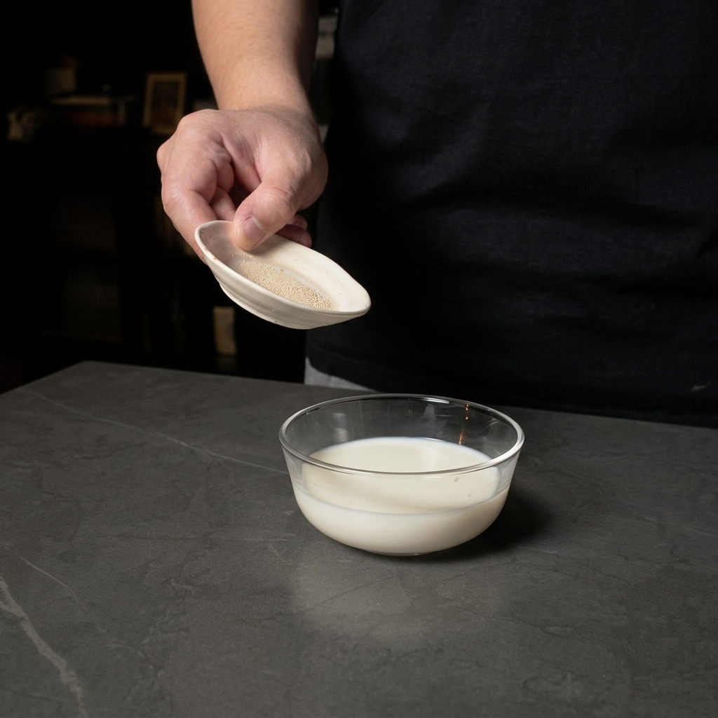 Una persona che versa il lievito secco attivo da una ciotolina in una ciotola di vetro con il latte.