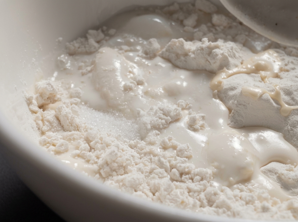 Olio che viene versato in una ciotola con farina e il composto di latte e lievito.