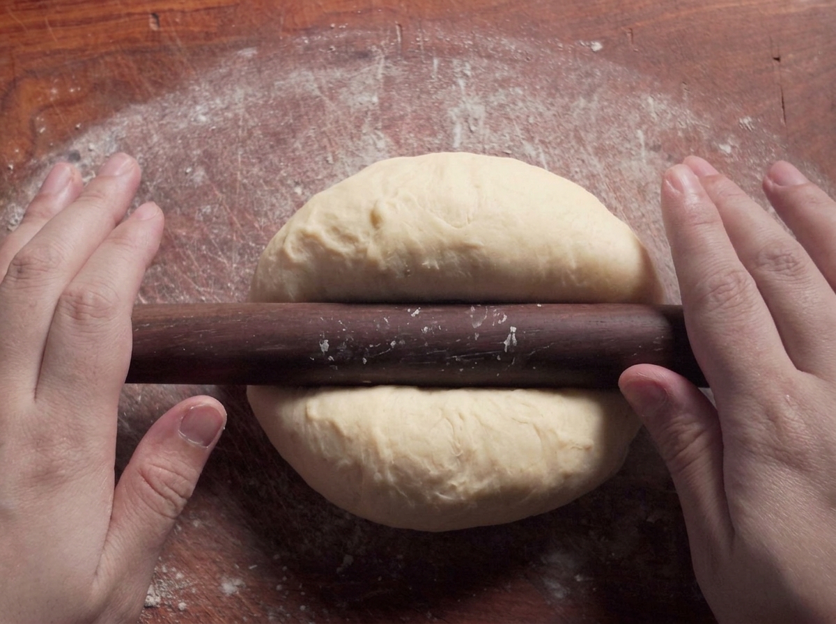 Un mattarello in legno scuro usato per stendere un pezzo di impasto su una spianatoia infarinata.