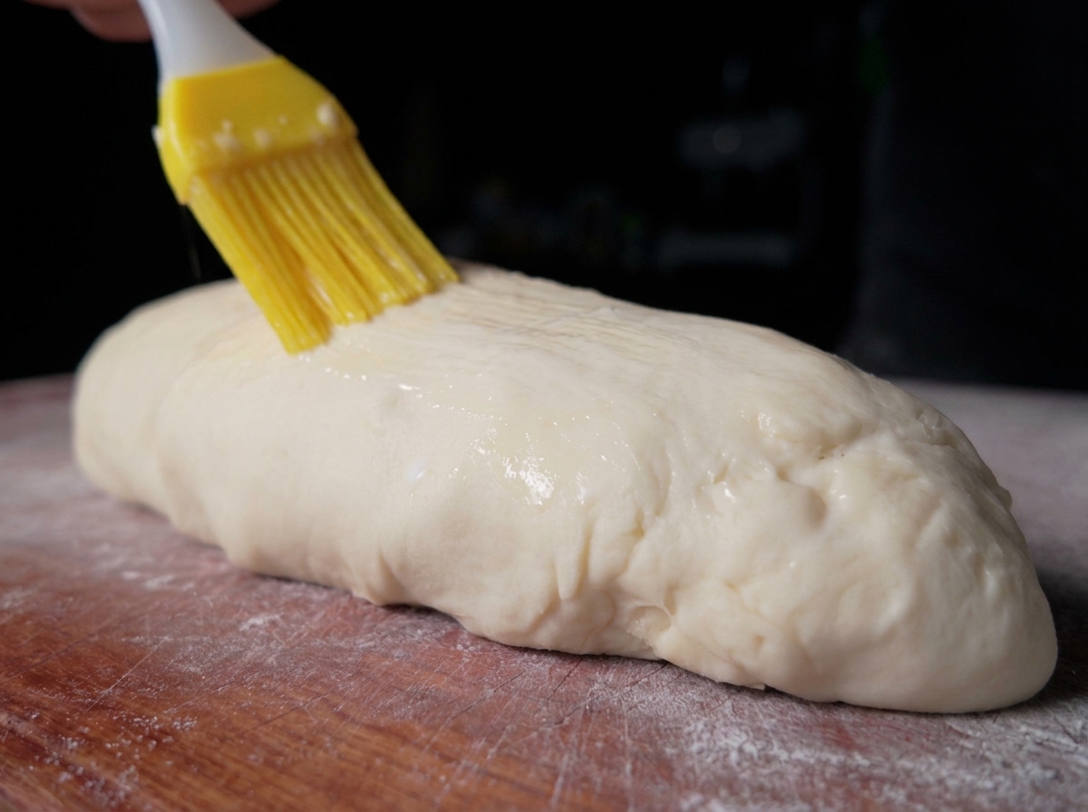Un pennello in silicone giallo che applica uno strato sottile di latte su un rotolo di pasta lievitata.