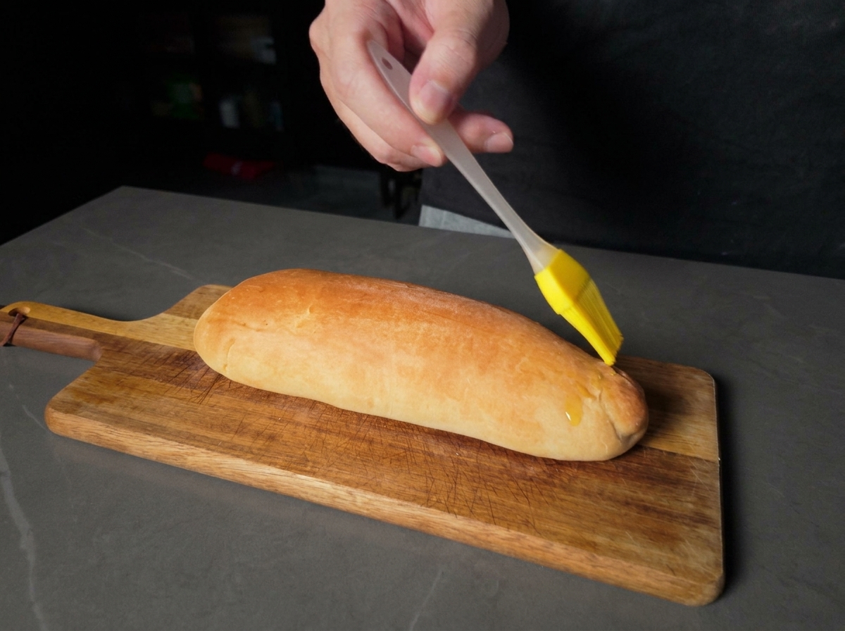 Una mano che usa un pennello in silicone per distribuire il burro fuso su un panino dorato appena sfornato.