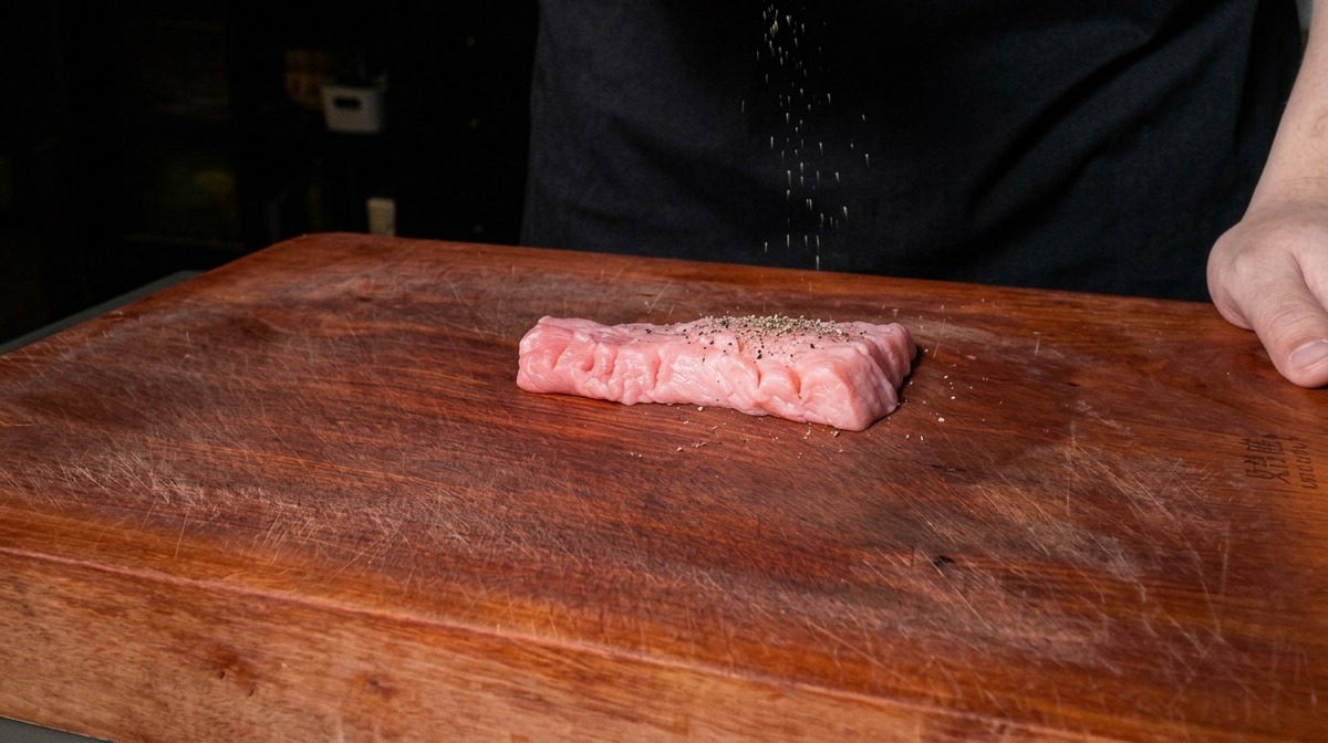 Una mano che scuote un contenitore di spezie su un pezzo di maiale crudo appoggiato su un tagliere.