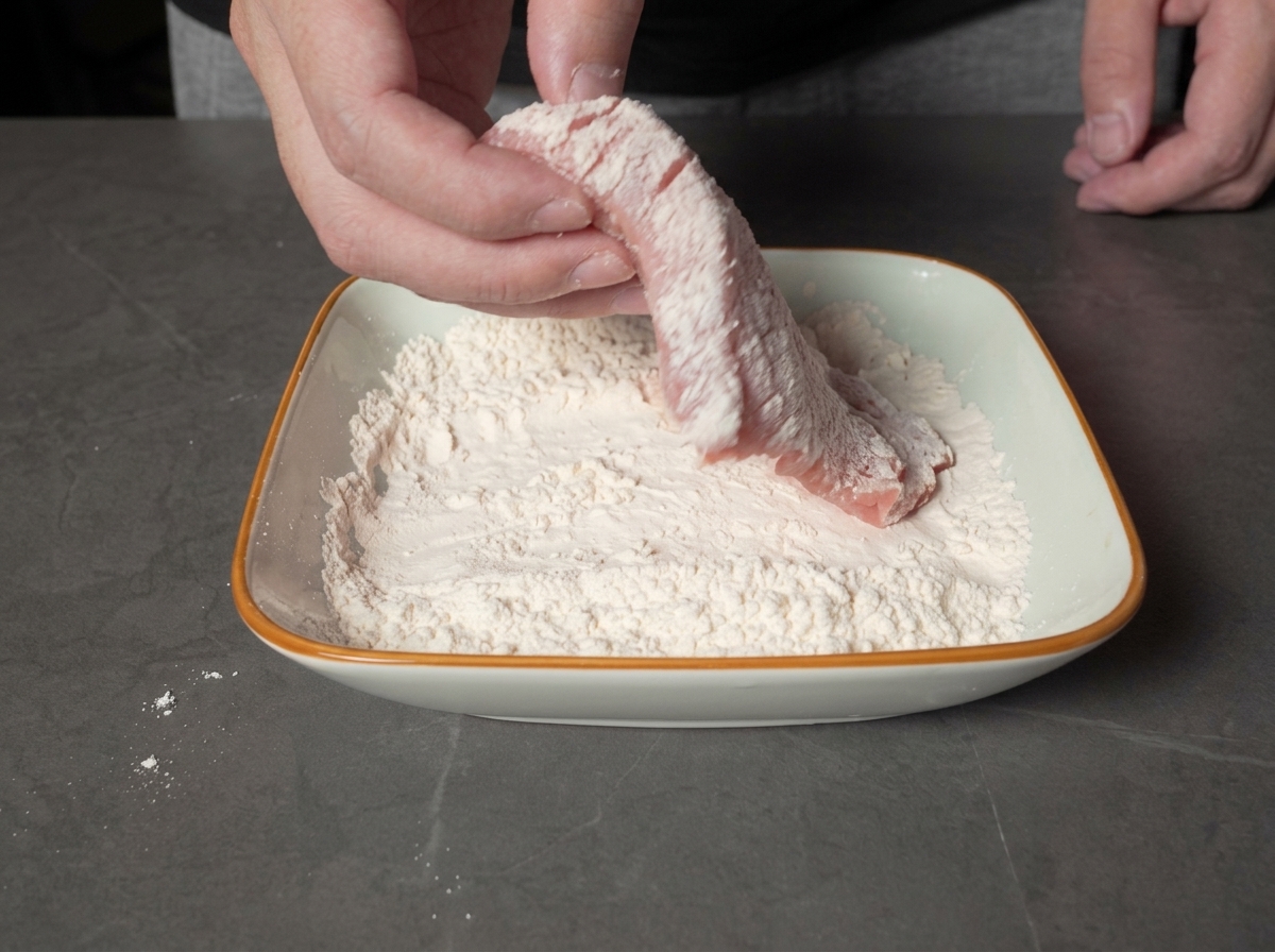 Mani che tengono un pezzo di maiale crudo, coprendolo uniformemente di farina bianca in un piatto piano.