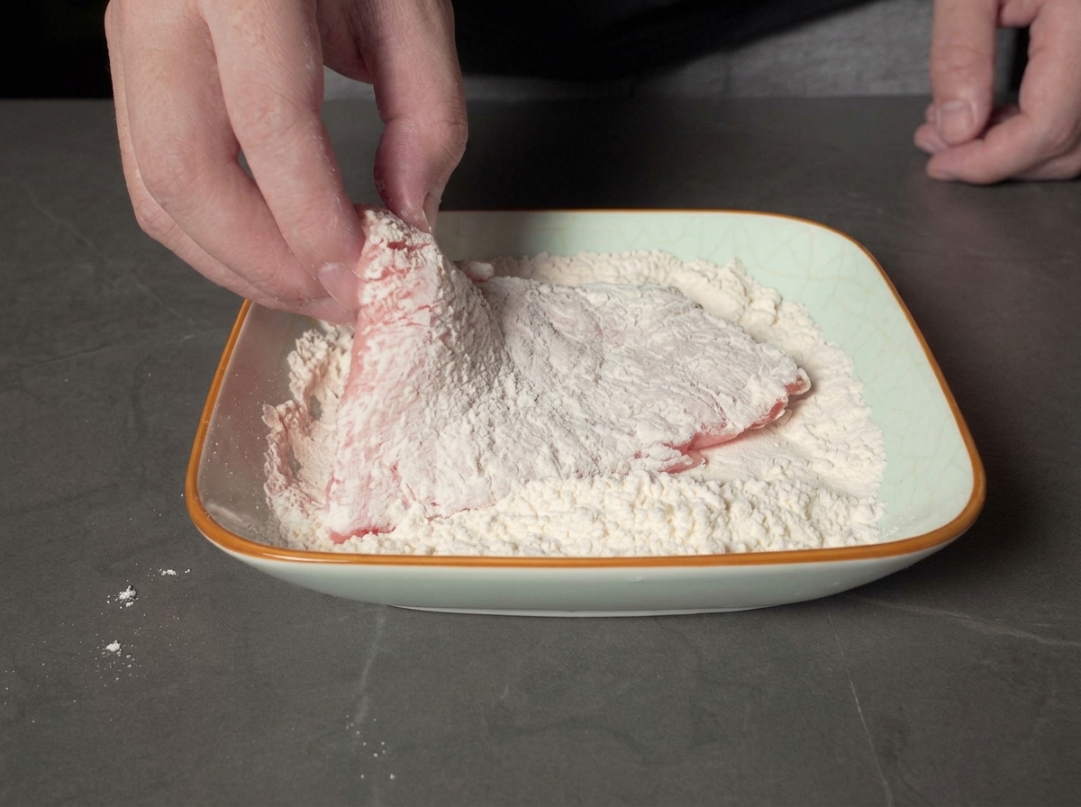 Una mano che immerge un pezzo di maiale infarinato in un piatto con uovo sbattuto dorato.
