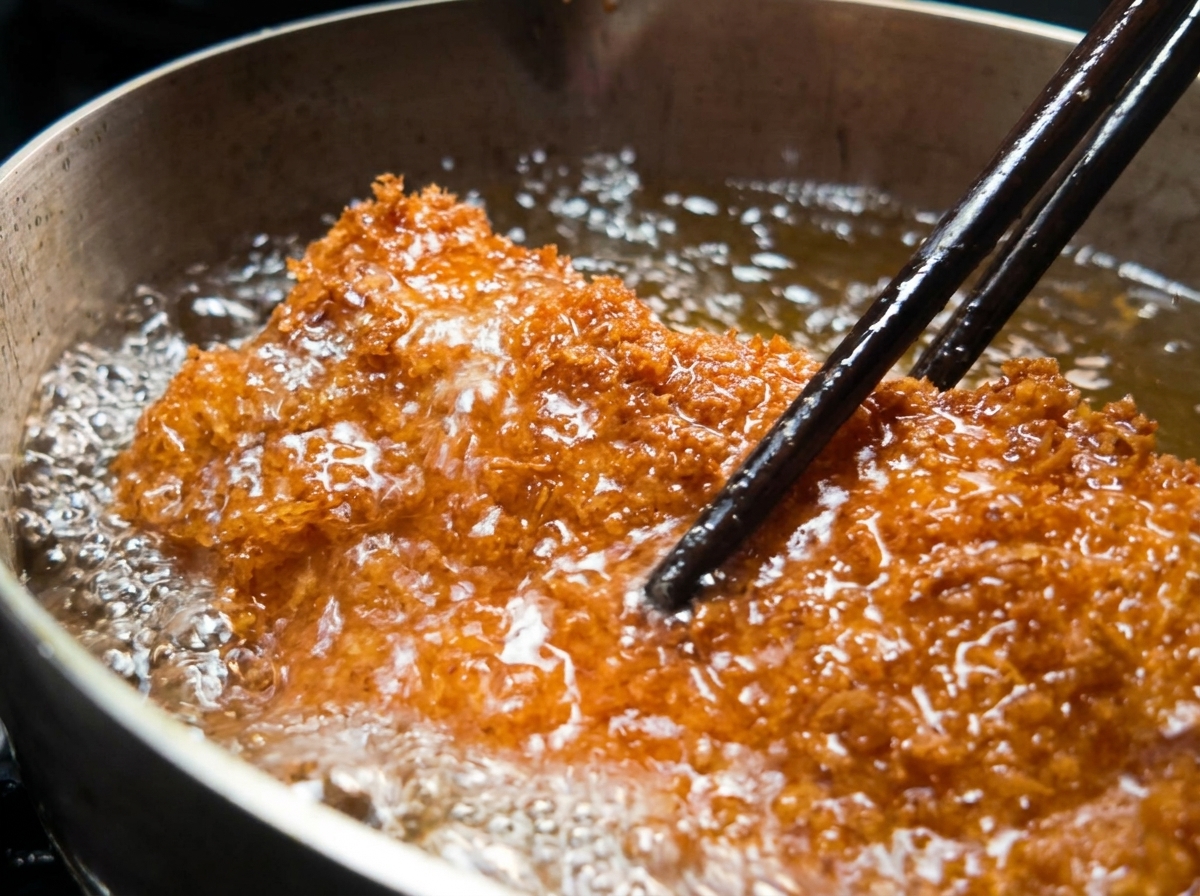 Una cotoletta di maiale perfettamente dorata e croccante sollevata dallolio con delle bacchette scure.