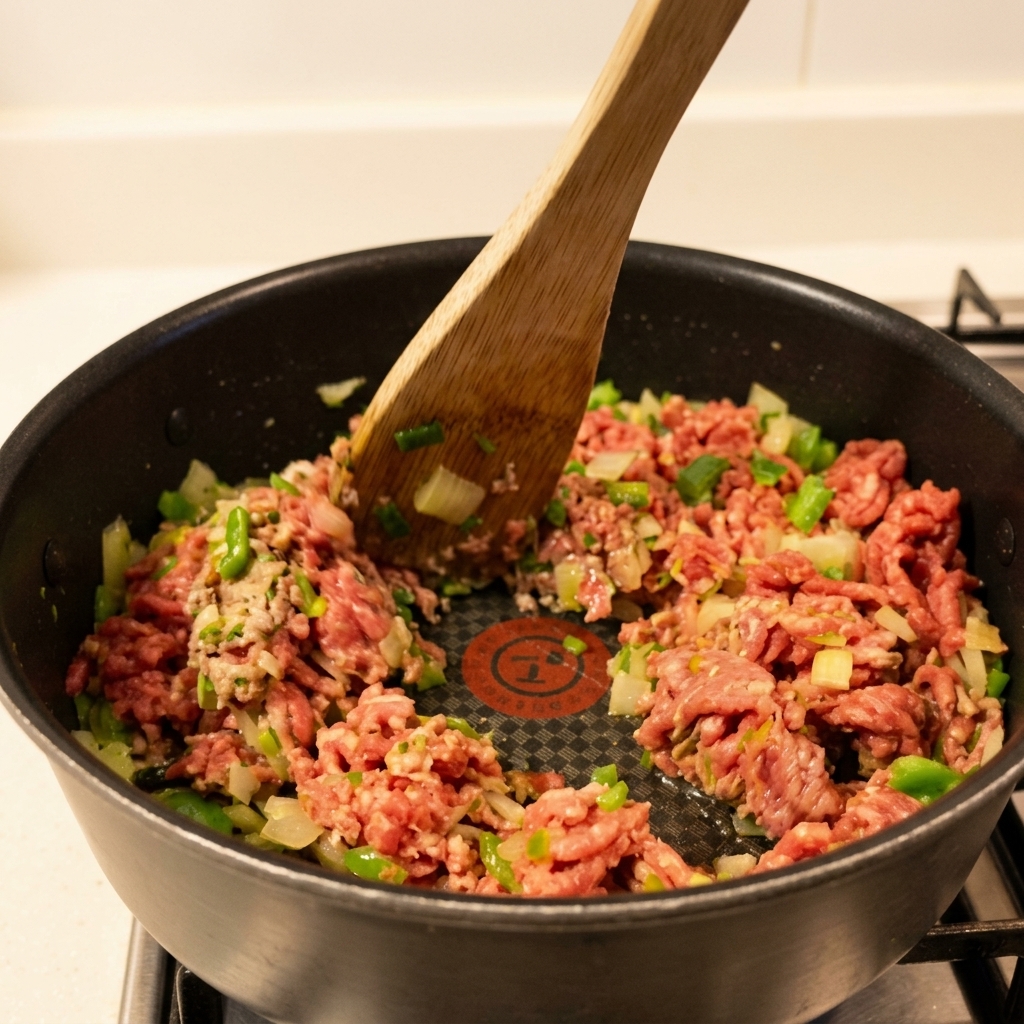 Carne macinata sgranata e mescolata con una spatola di legno in padella con le verdure.