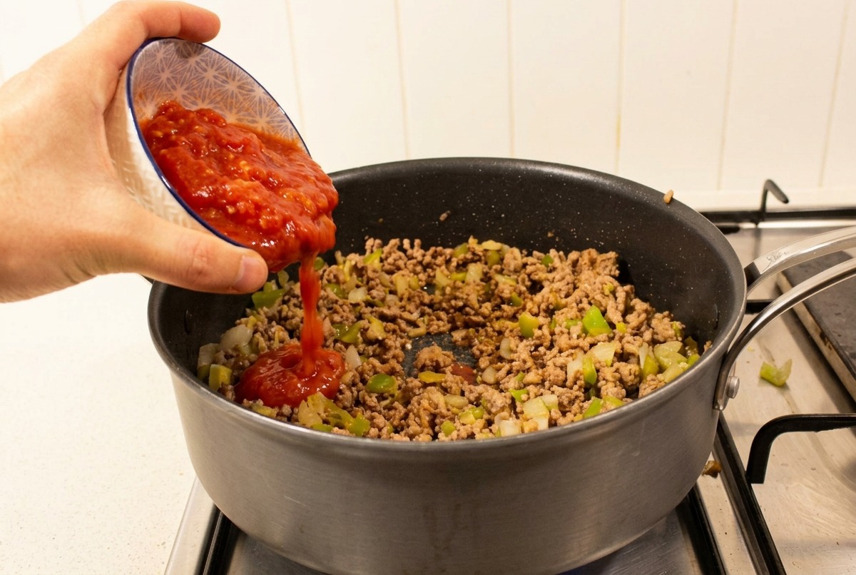 Polpa di pomodoro versata da una ciotola nella padella con la carne rosolata.