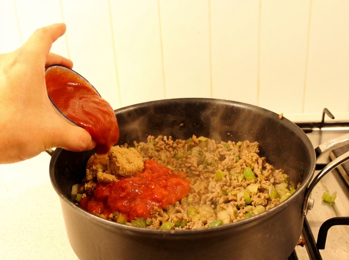 Aggiunta di ketchup e zucchero di canna nella padella con carne e peperoni.