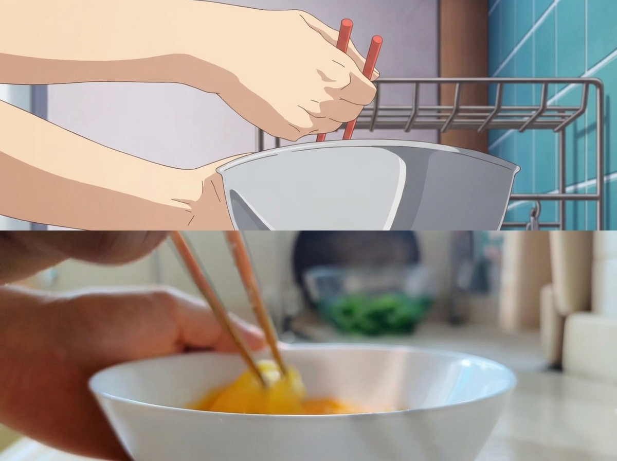 Mani che usano le bacchette per sbattere le uova in una ciotola bianca.