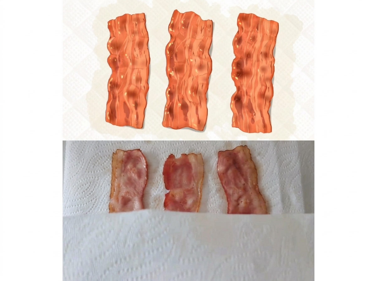 Tre strisce di pancetta cotta adagiate su carta assorbente bianca.