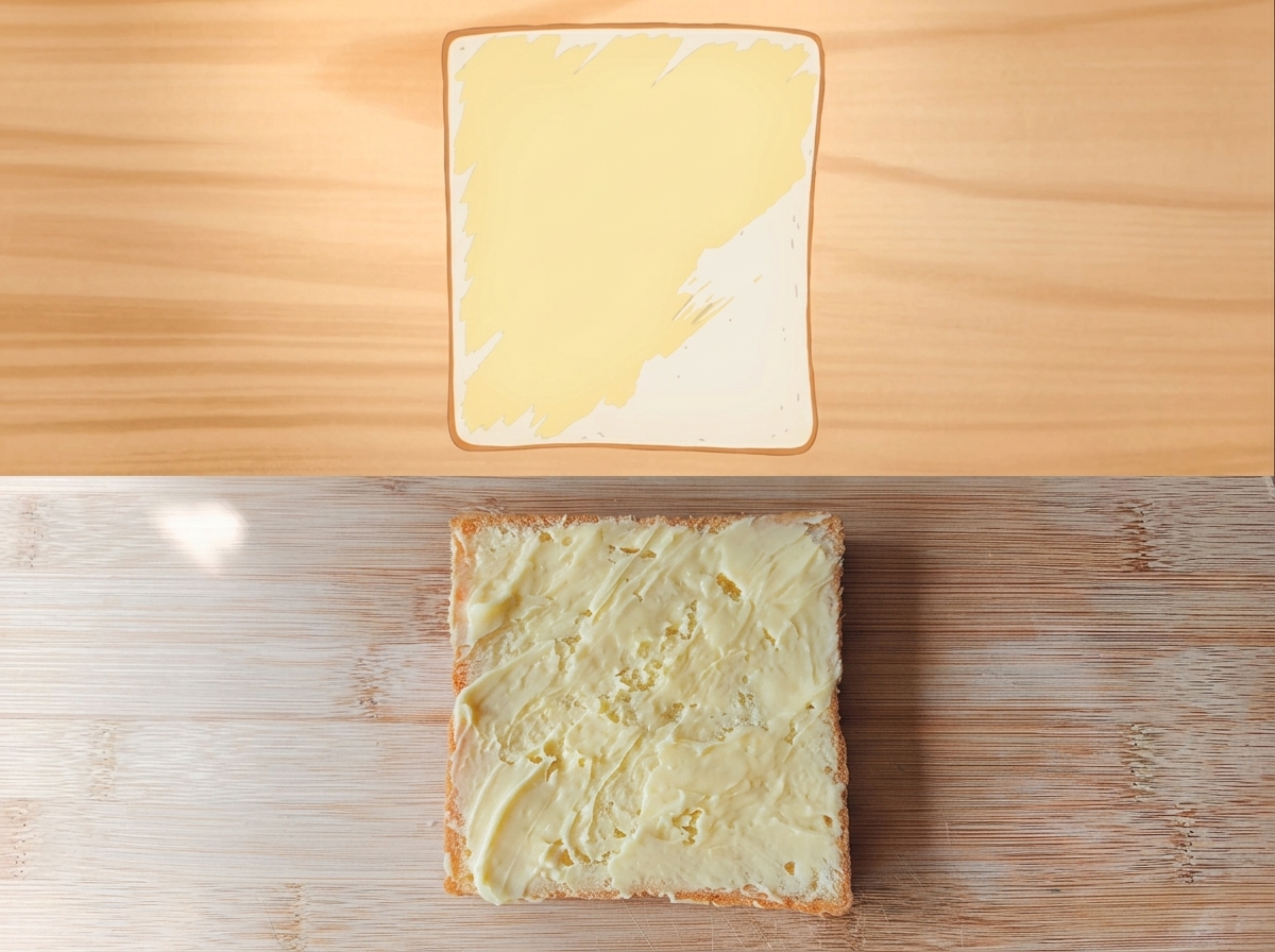 Una fetta di pane bianco spalmata uniformemente con burro alla senape giallo pallido.