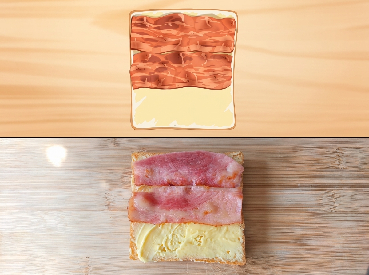 Tre fette di pancetta cotta disposte su una fetta di pane imburrata.