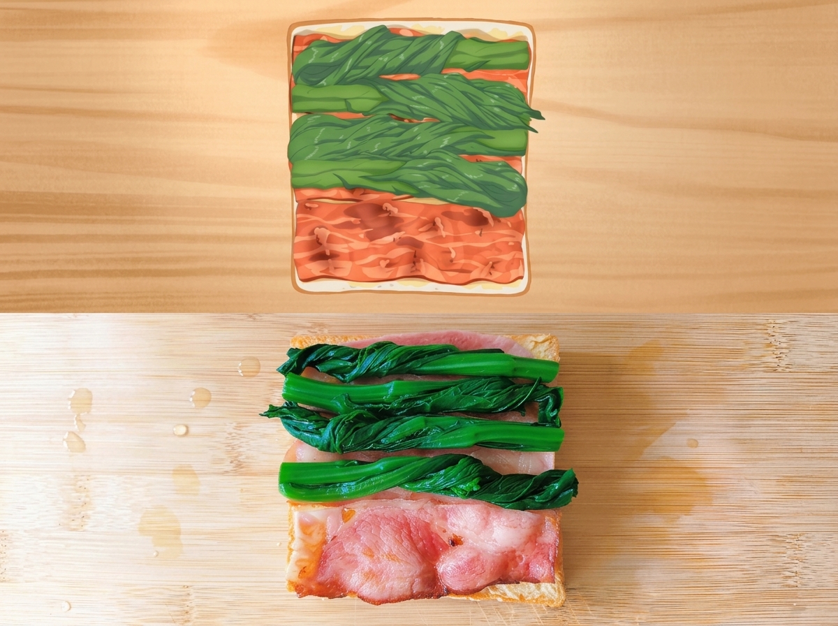 Spinaci verdi sbollentati disposti sopra la pancetta sulla fetta di pane.