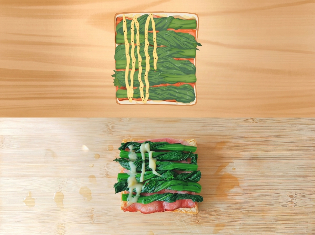 Salsa cremosa versata a zigzag sopra lo strato di spinaci nel sandwich.