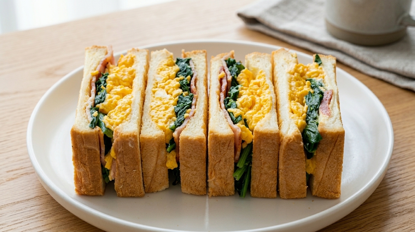 Sandwich giapponese con spinaci, pancetta e uova (Wanpaku Sando)