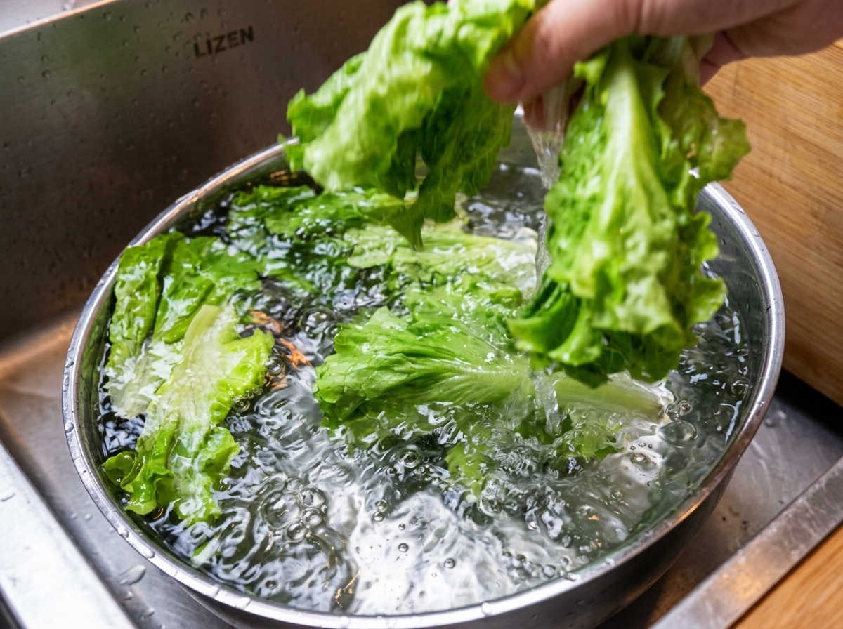 Una mano che lava foglie di lattuga verde e croccante in una ciotola di metallo piena dacqua.
